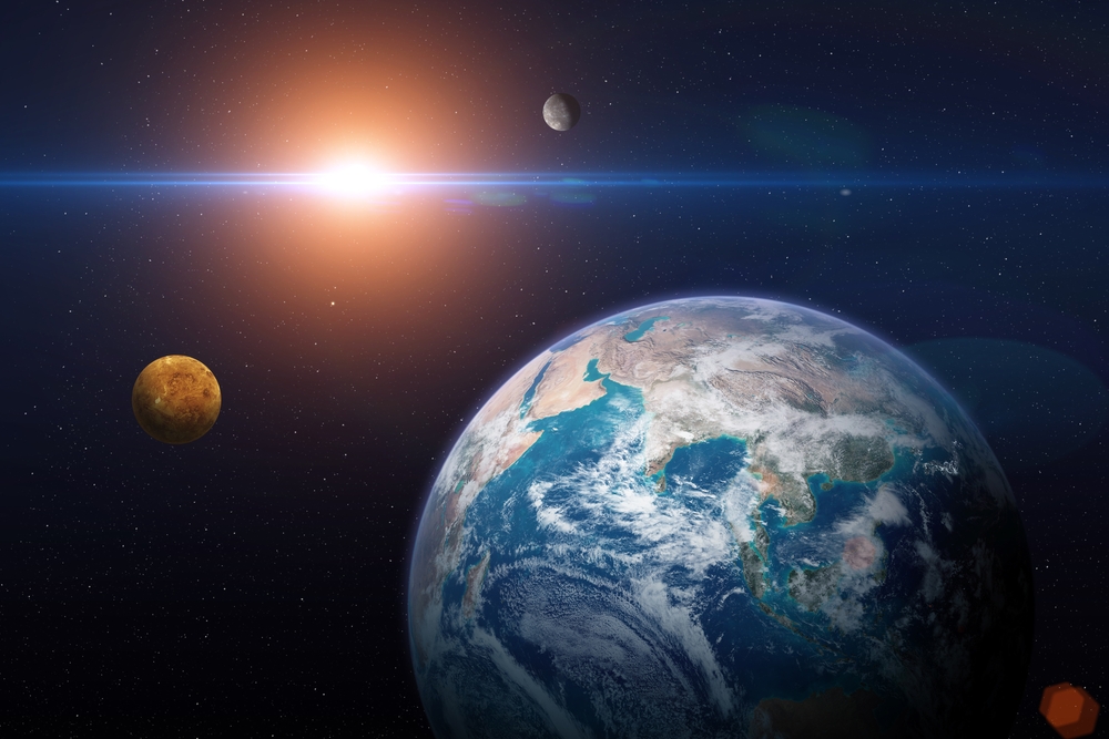 Solar system planets: Earth, Venus, Mercury. Terrestrial planets. Sci-fi background. Elements of this image furnished by NASA.