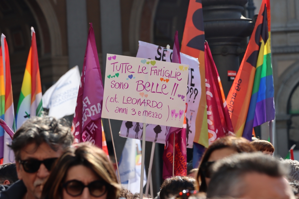 Milano - Lombardy - Italy - March 18, 2023. Demonstration in piazza Della Scala for the rights of children from same-parent couples.

