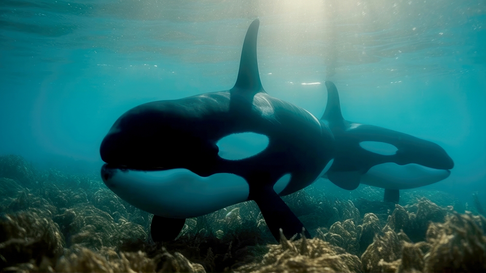 Orcas killer whales underwater in dark night sea