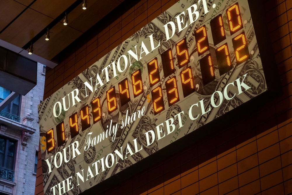 New York NY USA-May 17, 2023 The National Debt Clock in the AnitaÕs Way arcade in Times Square in New York