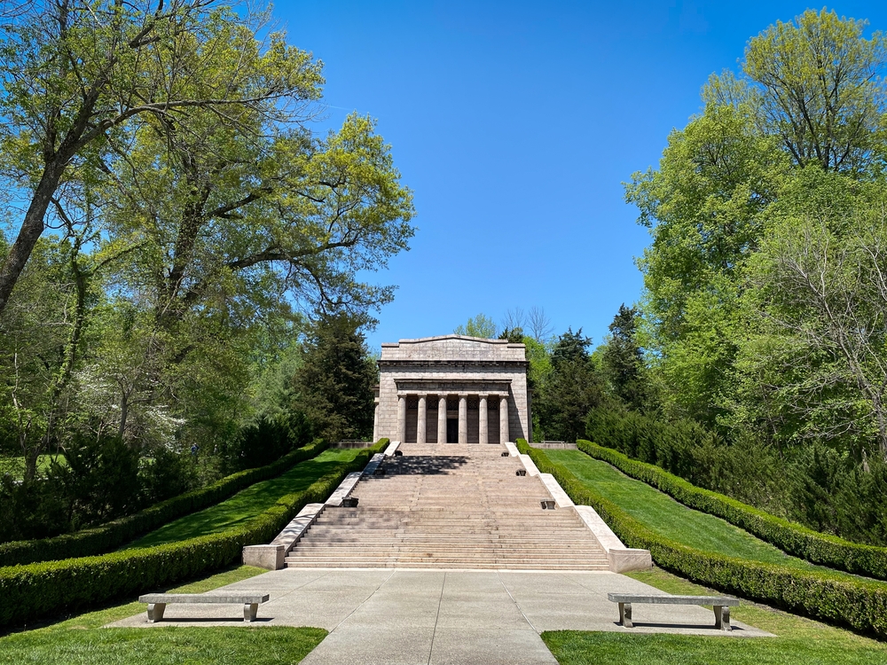 Hodgenville, Kentucky -2023: Abraham Lincoln Birthplace National Historical Park. Memorial building built on the centennial of Lincoln's birth at the site of Lincoln family Sinking Spring Farm.
