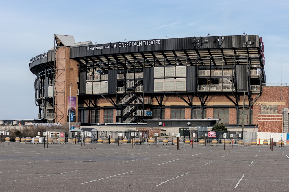 Wantagh, NY - Apr 9, 2024: Jones Beach Theater structure exterior, a large venue in the Robert Moses designed park on Long Island, New York.
