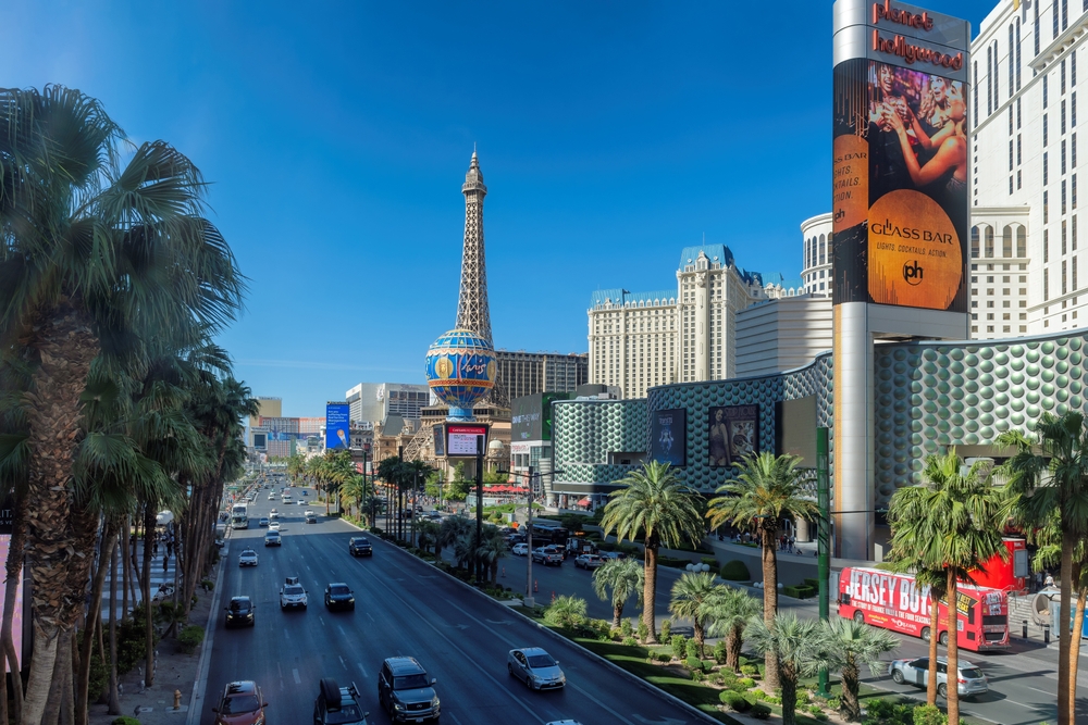 LAS VEGAS, USA - MAY 7, 2024: Las Vegas Strip as seen at sunset on May 7, 2024 in Las Vegas, Nevada. The Strip is home to the largest hotels and casinos in the world.
