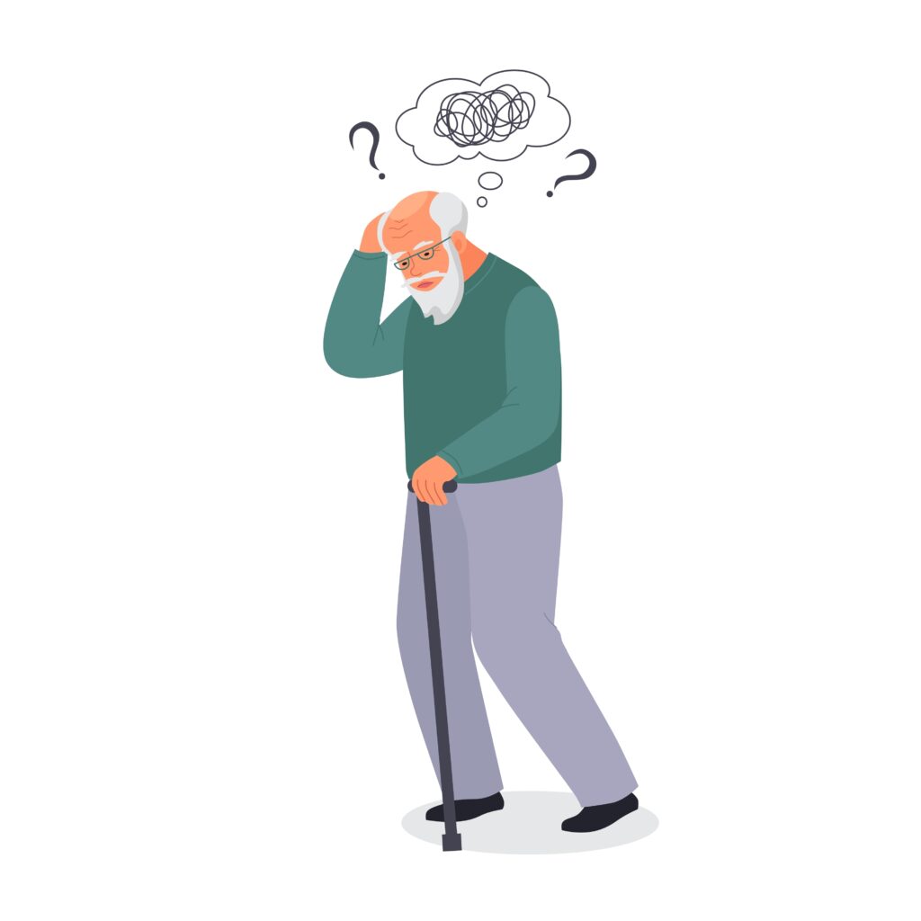 Old man suffer from dementia loss memory. Senior male struggle with Alzheimer disease. Flat vector illustration.