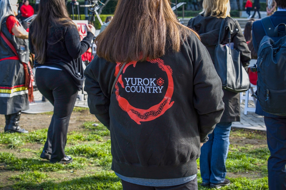 Sacramento, CA, U.S.A. - FEB. 13, 2024:  A young woman wears a Yurok Country sweatshirt during the Missing and Murdered Indigenous Persons Day of Action at the state capitol.