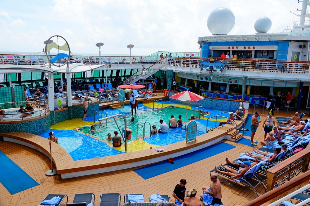 On the cruise ship Royal Caribbean serenade of the Seas out of Tampa, Florida to an Western Caribbean cruise with people lounging around the pooled deck . Created 11.01.24
