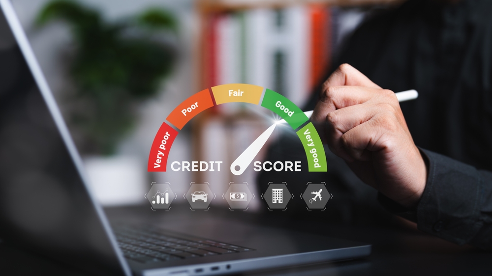 Evaluation of credit score. Analyst evaluates customer finance statistical data with credit score icon. Credit behavior reports. Online check for a personal loan, mortgage, auto loan, or payment card.