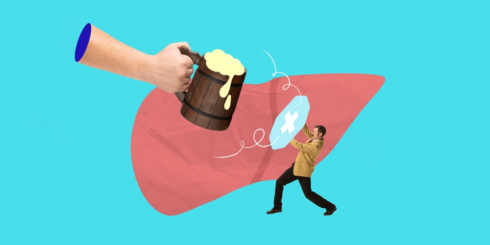 Man trying to shield liver from alcohol, emphasizing strain on liver due to alcohol consumption. Liver health and risks of excessive drinking. Contemporary art. Medicine, treatment, healthcare concept