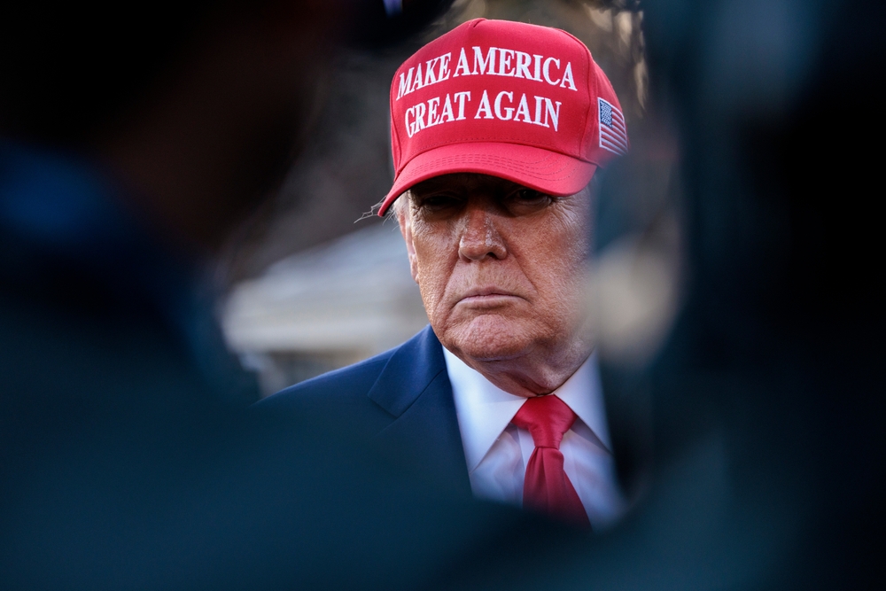 WASHINGTON - Feb 28 2025: President Donald Trump speaks to reporters on the South Lawn of the White House after his meeting with Ukrainian President Volodymyr Zelenskyy, before boarding Marine One.