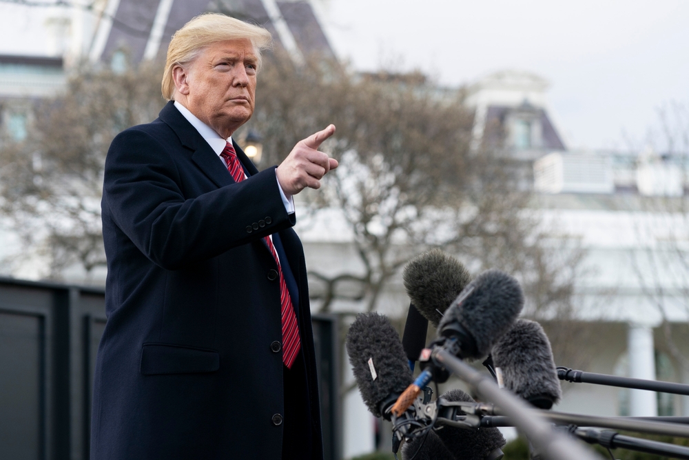 President Donald J. Trump speaks with members of the press prior to boarding Marine One to begin his trip to South Carolina. Washington, D.C. - February 28, 2020