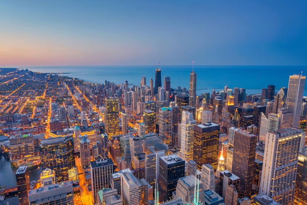Chicago. Cityscape image of Chicago downtown during twilight blue hour.
