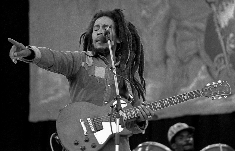 Bob Marley singing on stage at Dalymount Park, Dublin, in July 1980