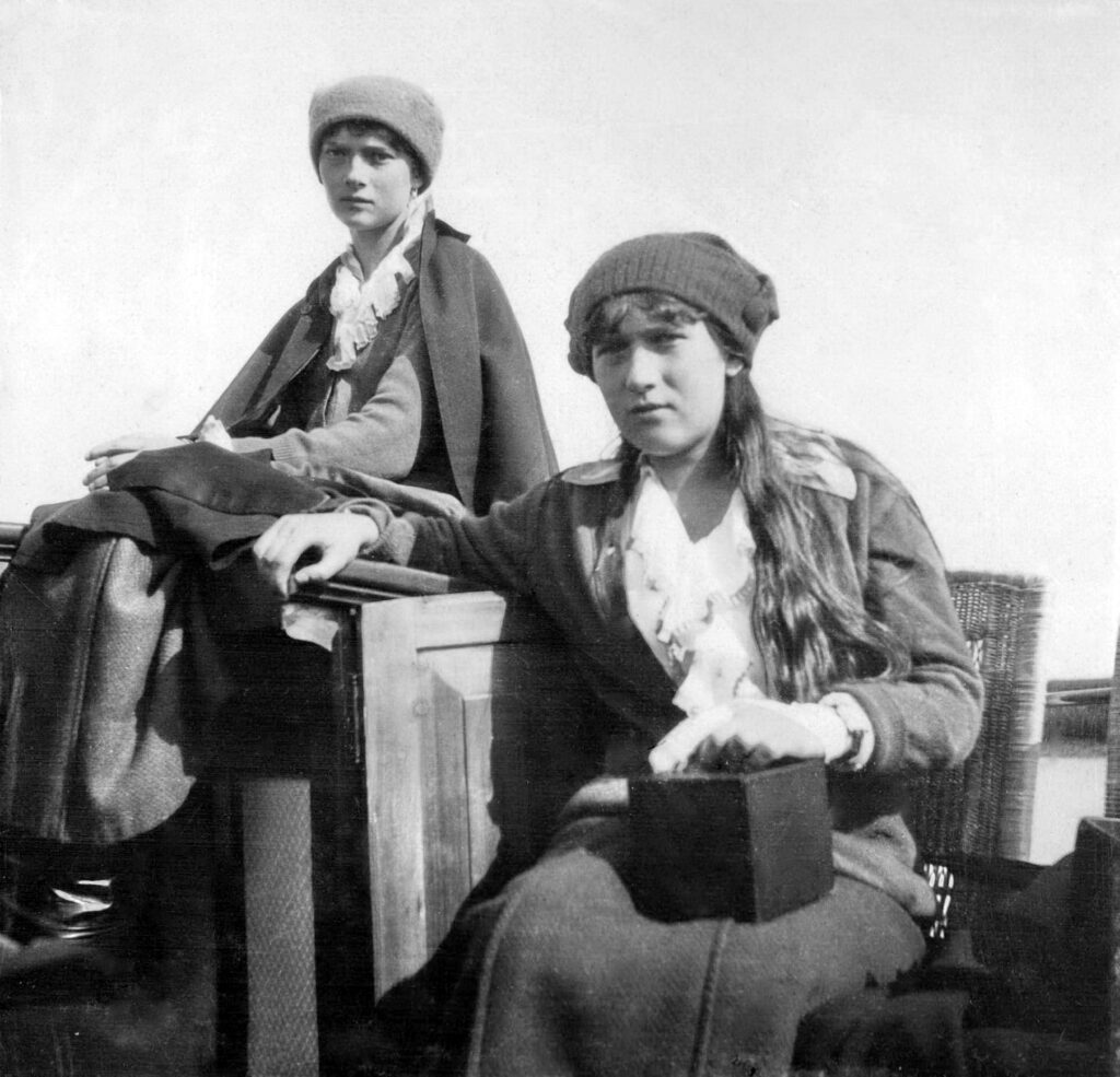 Grand Duchesses Tatiana and Anastasia Nikolaevna of Russia rowing on the Dnieper River in late summer 1916