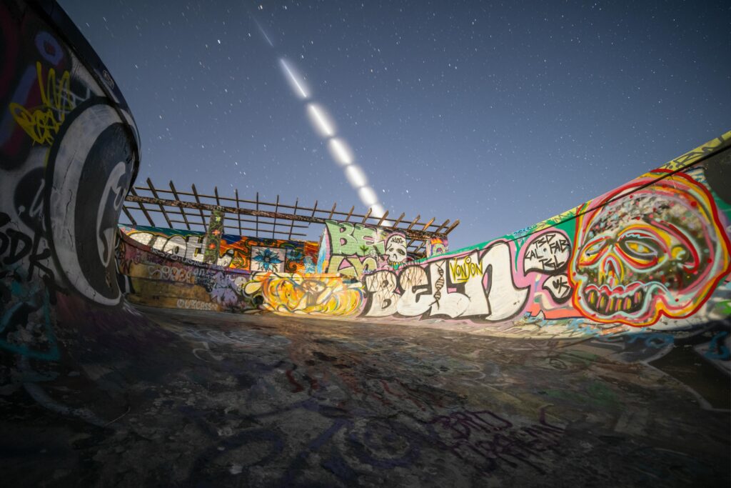 Rocket launch over abandoned pool
