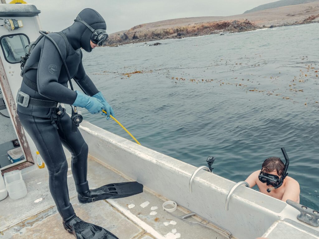 A Man Wearing Wetsuit Standing on the Boat