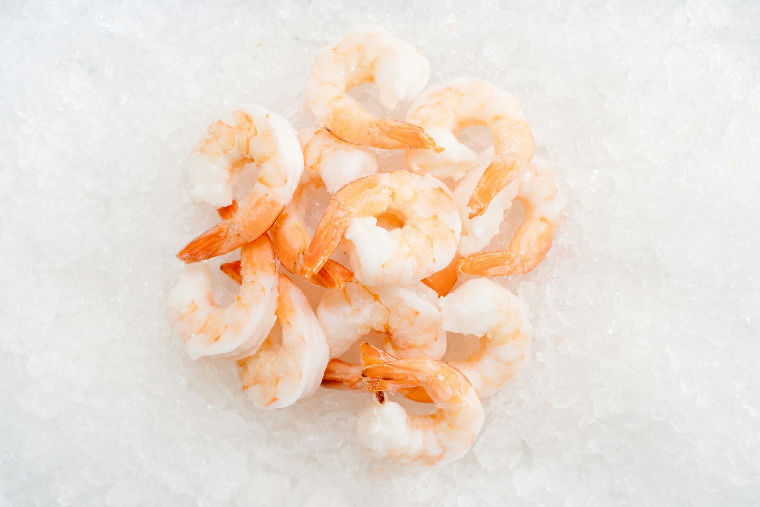 Cooked peeled shrimp arranged on a iced surface, showing the pink and orange coloring.
