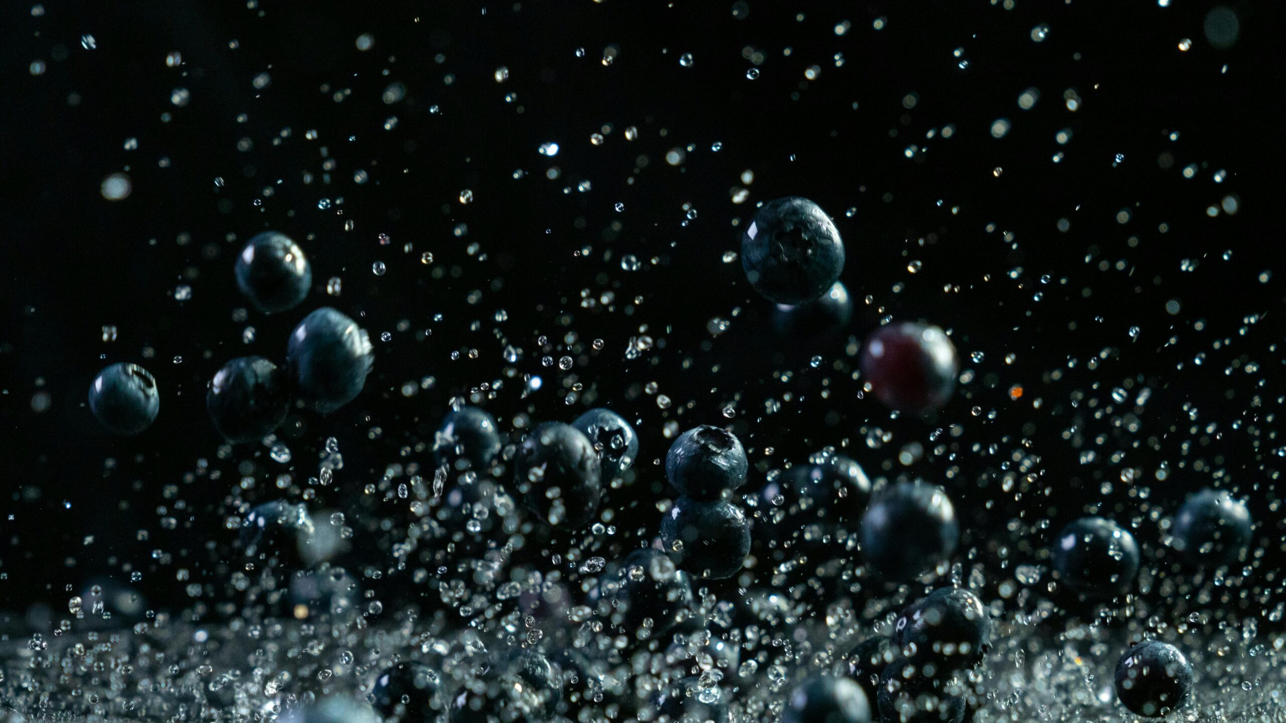 blueberries tossed up with water droplets