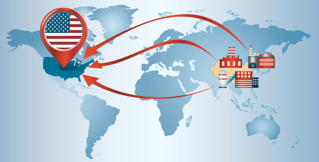 Re-shoring. Local production. Factories companies from China return to the USA. Protectionism. Local production self-sufficiency. Automated supply chain. Avoid production chain disruption