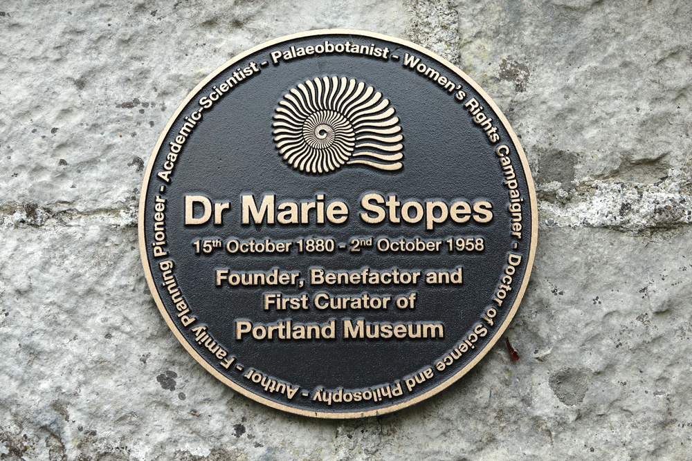 Portland Dorset England. Dr Marie Stopes. July 2021. Plaque on the wall of Portland museum dedicated to Dr Stopes the founder and first curator of the museum. Also famous for ideas on birth control.