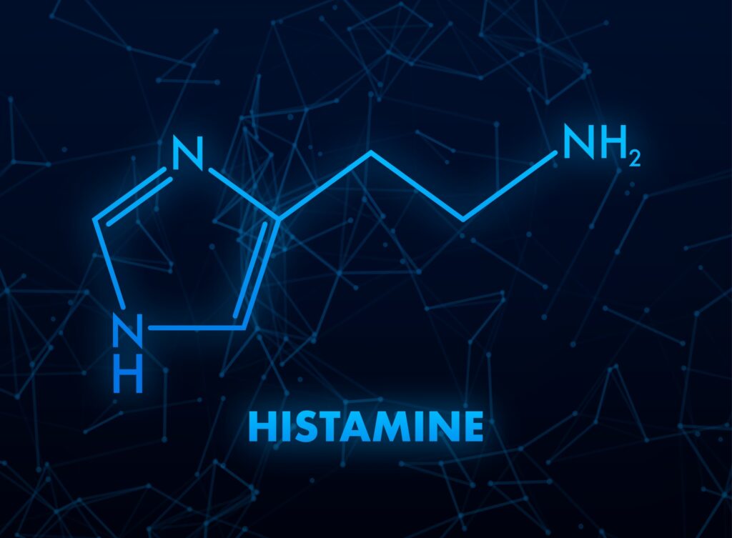 Histamine concept chemical formula icon label, text font vector illustration
