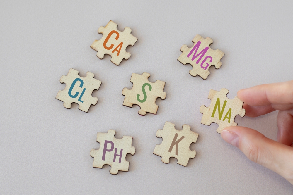 Set of puzzles with the most important macronutrients with colorful inscriptions on a beige background. Ca, Mg, Na, Cl, S, Ph, S, K. Biologically important elements.

