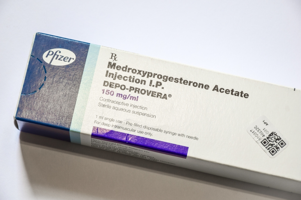 Depo-Provera isolated on white background. A contraceptive injection brand name for medroxyprogesterone acetate containing hormone progestin, developed by Pfizer. Kolkata, India - February 15, 2023.