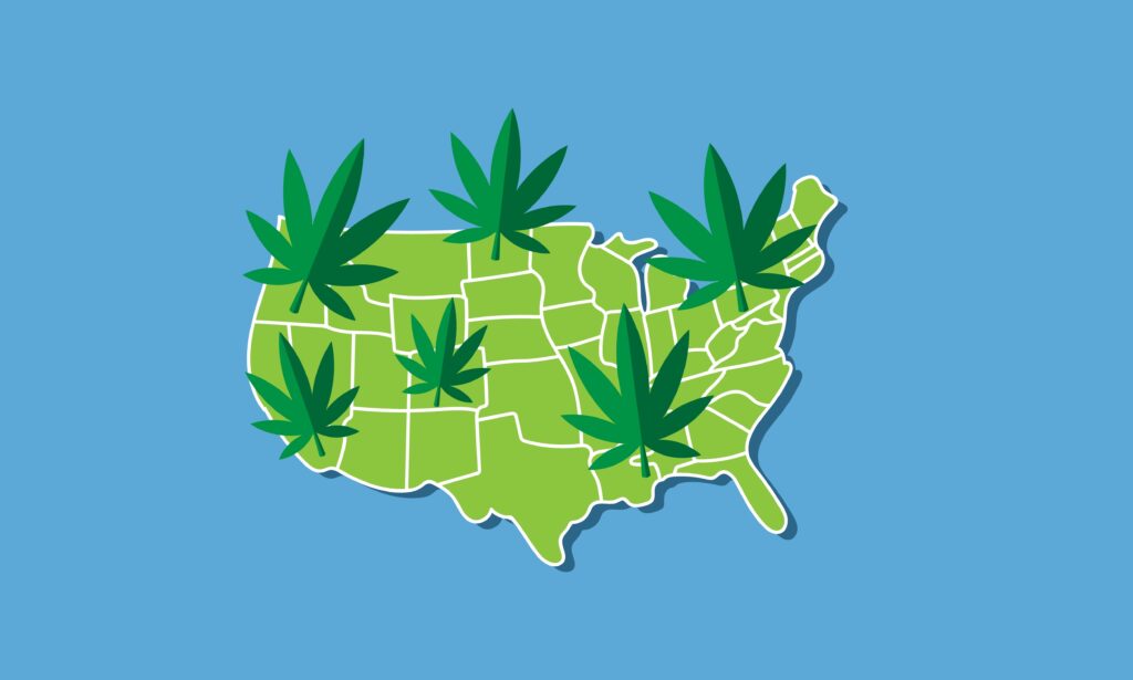 The image depicts a map of the United States with marijuana leaves superimposed on it