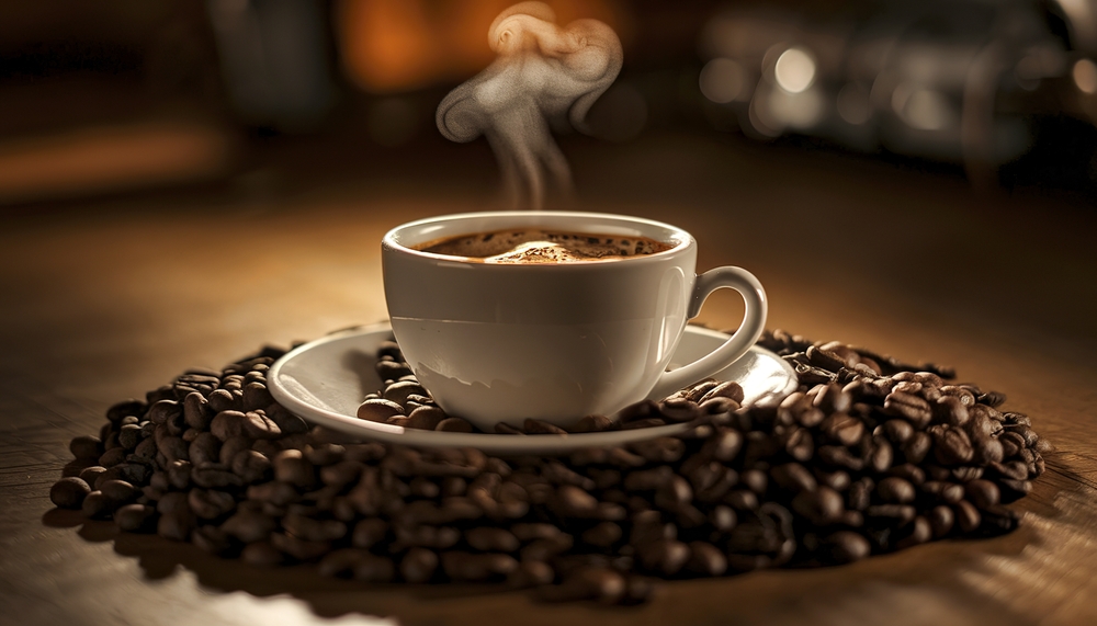 A white cup of steaming coffee placed on a saucer, surrounded by a pile of coffee beans