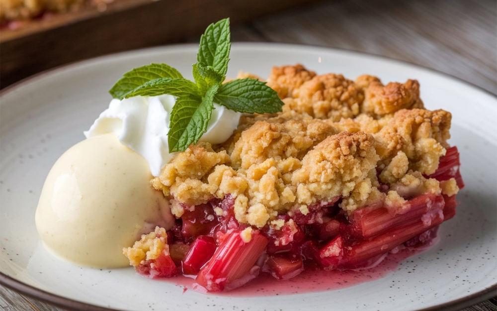 Rhubarb Crumble: Baked dessert with a tart rhubarb filling and a crumbly topping, often served with custard or cream.