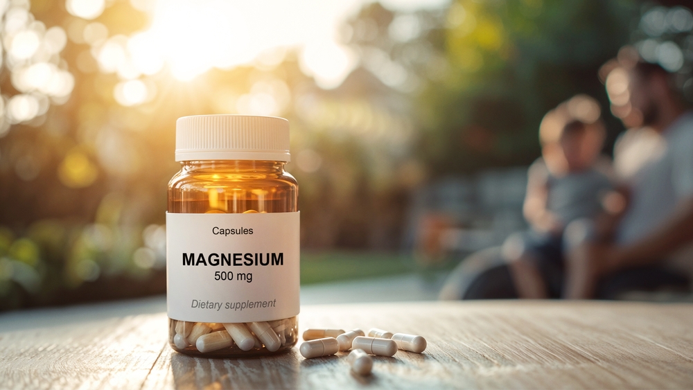 Amber bottle of magnesium dietary supplement capsules with 500 mg dosage on wooden table, health and wellness product in natural outdoor setting, blurred family background and sunlight, muscle health