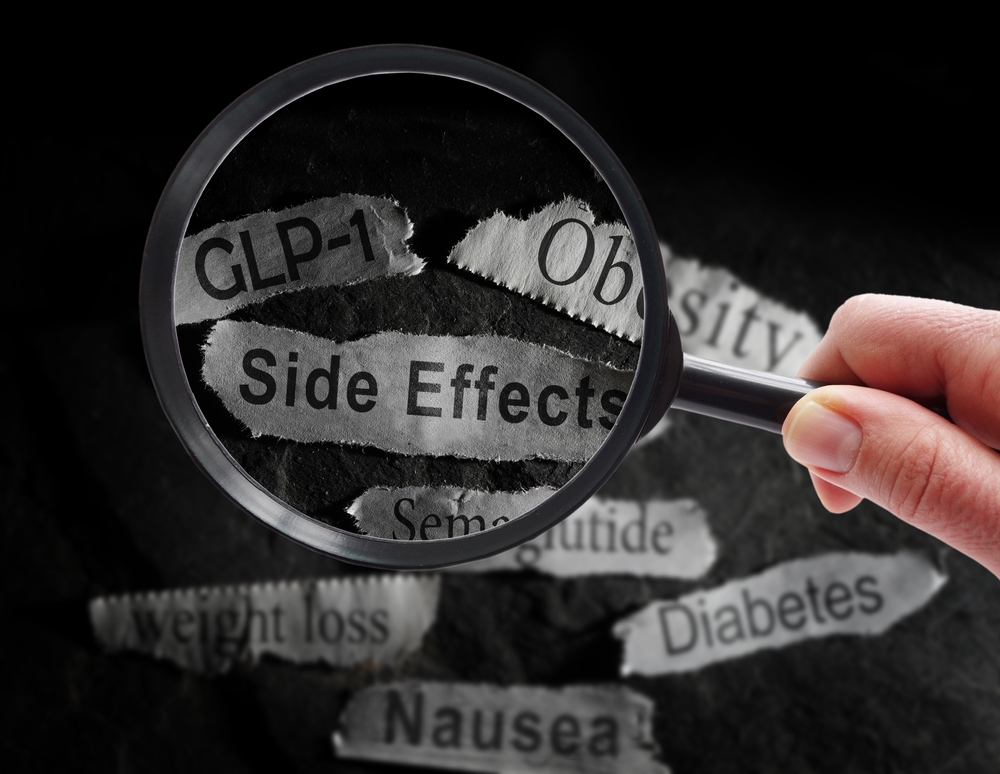 GLP-1 and Side Effects newspaper headlines with magnifying glass
