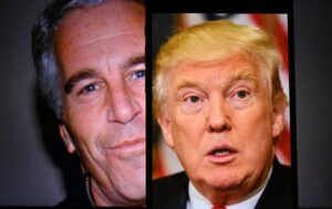 Trump, Iran War, and Epstein Files: An Unexpected Political Triangle Conceptual editorial image showing U.S. President Donald Trump and Jeffrey Epstein on the screen. For editorial use only. New York U.S 24.07.2025