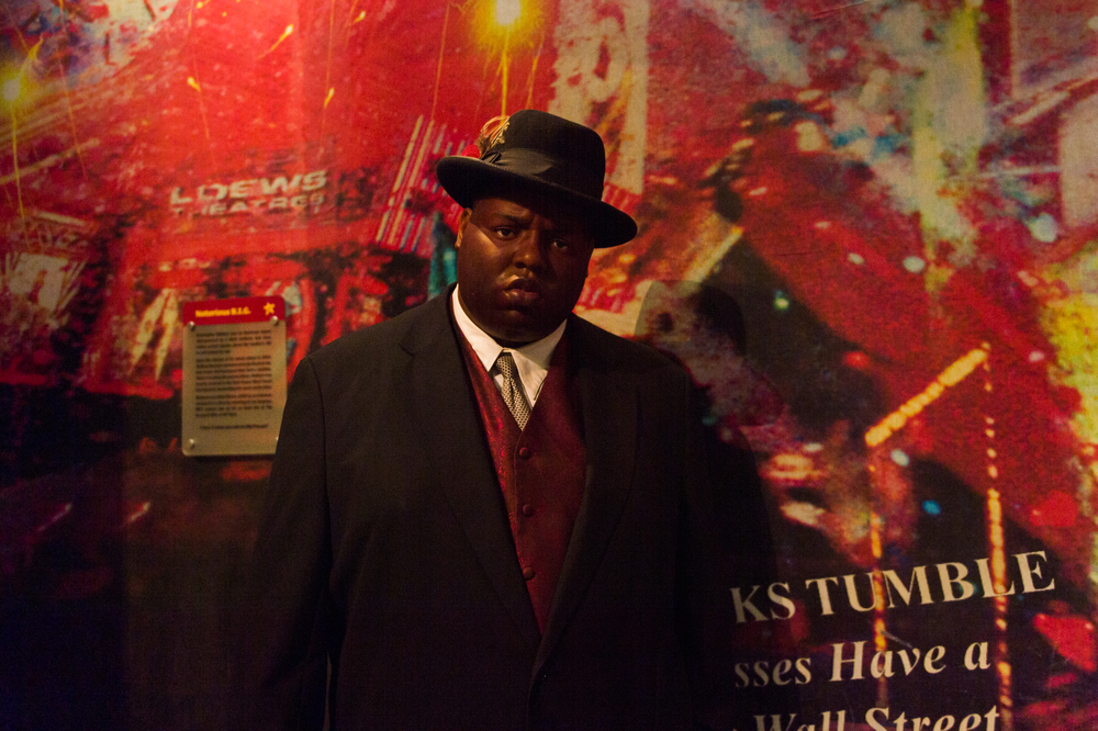 Wax figure of rapper The Notorious B.I.G. on display at Madame Tussauds wax museum in Times Square, New York City, photographed on September 22, 2015. Madame Tussauds was founded by Marie Tussaud (born Marie Grosholtz in 1761).