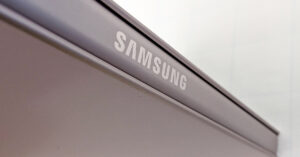 Samsung logo on the top of a fridge