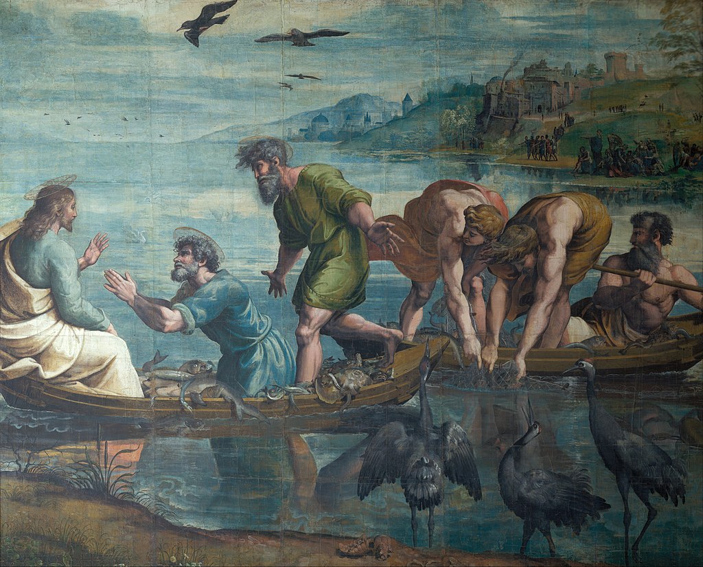 Classical painting depicting Jesus instructing fishermen from a boat as they haul nets heavy with fish from the Sea of Galilee, with additional boats arriving to help with the massive catch.