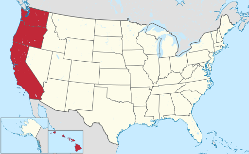 Map of the United States showing California, Oregon, and Washington highlighted in red, representing the West Coast Health Alliance coalition.