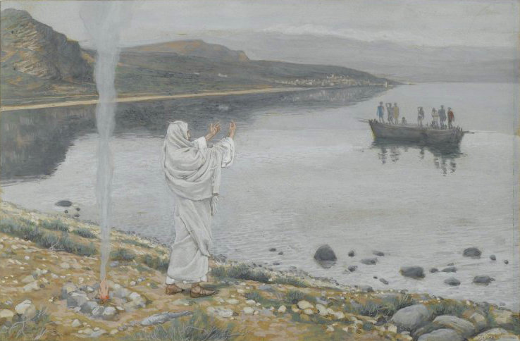 
Late 19th-century painting titled "Jesus appears on the shore of Lake Tiberias," depicting a white-robed figure standing on the shoreline gesturing toward disciples in a fishing boat on the calm waters.