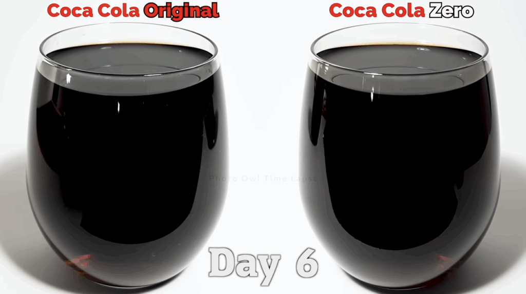 In the beginning of the timelapse, the original and diet Coca-Colas lost their carbonation.