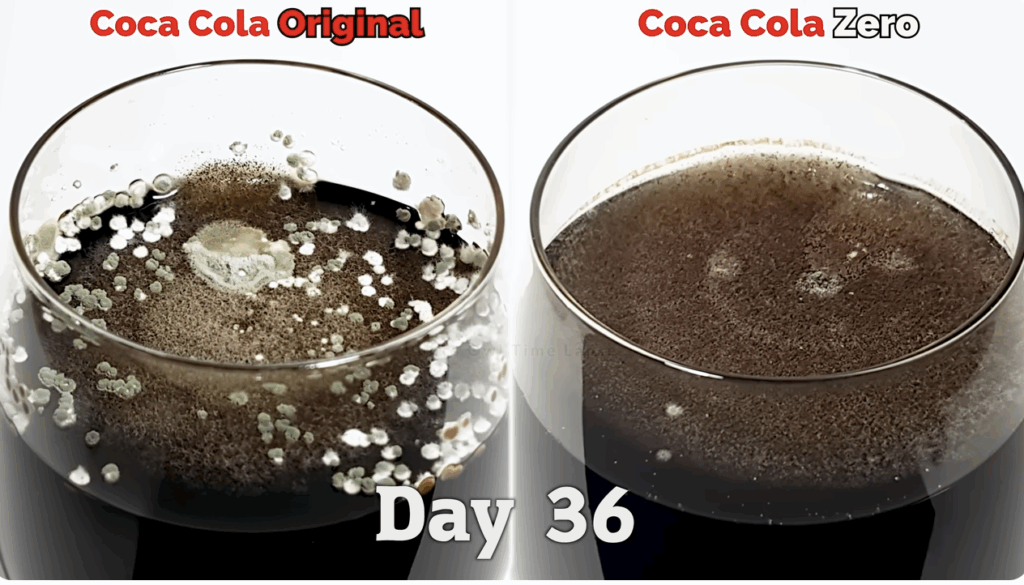 After a month, the surfaces of both colas were covered in mold.