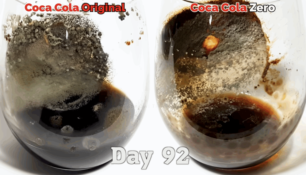 By the end of the timelapse, both liquids had evaporated and the mold had caked on the glasses.