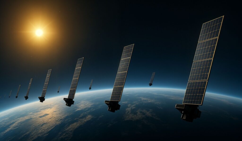 Illustration concept of a fleet of Internet Starlink satellites in orbit above planet Earth. A line of communication satellites with the sun in the horizon