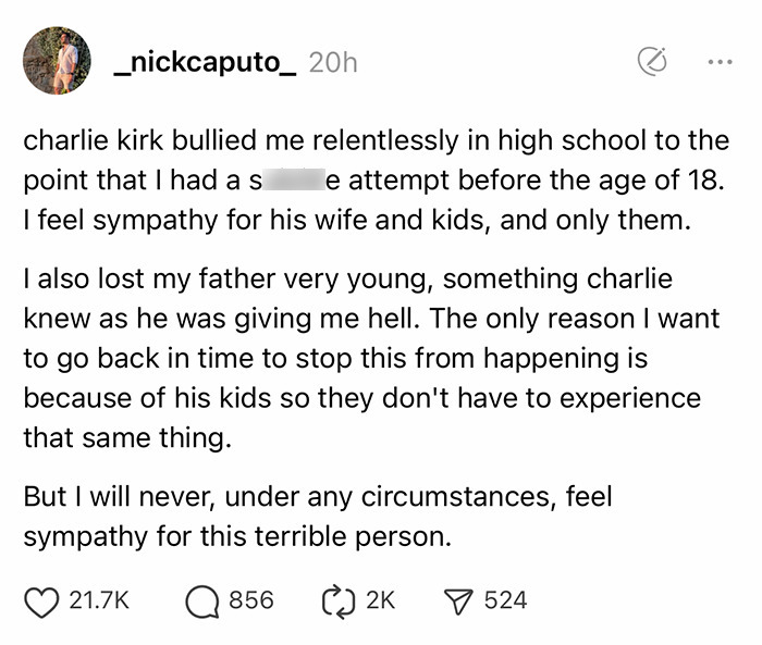 Instagram Threads post from Nick Caputo, who claimed Chalie Kirk bullied him in high school. 