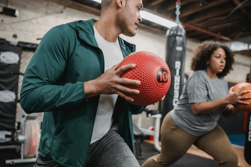 A woman watching Open Ofnic testing a male trainer with Medicine Balls in hand