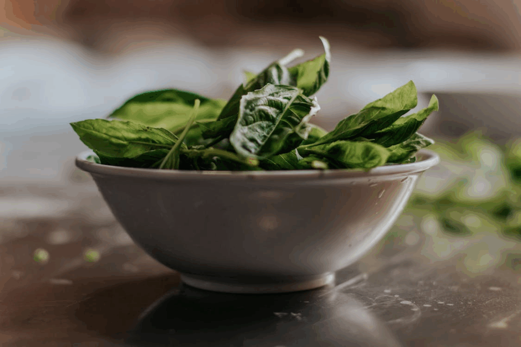 Green leaves in a white ceramic bowl