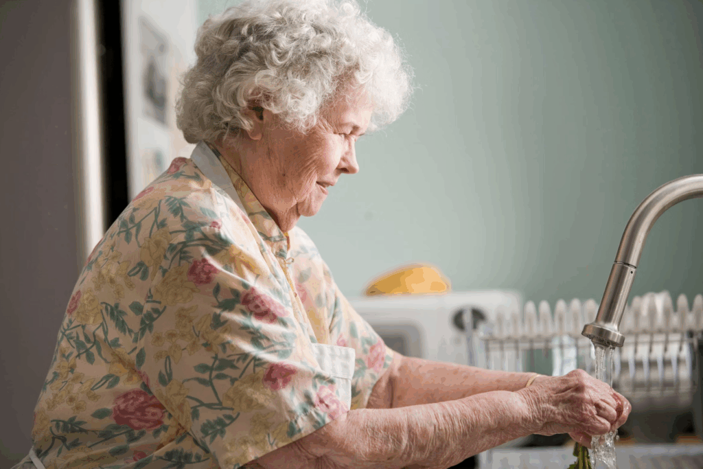 elderly woman washing fruit