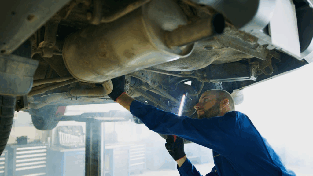 A man in a blue hood is checking under the car