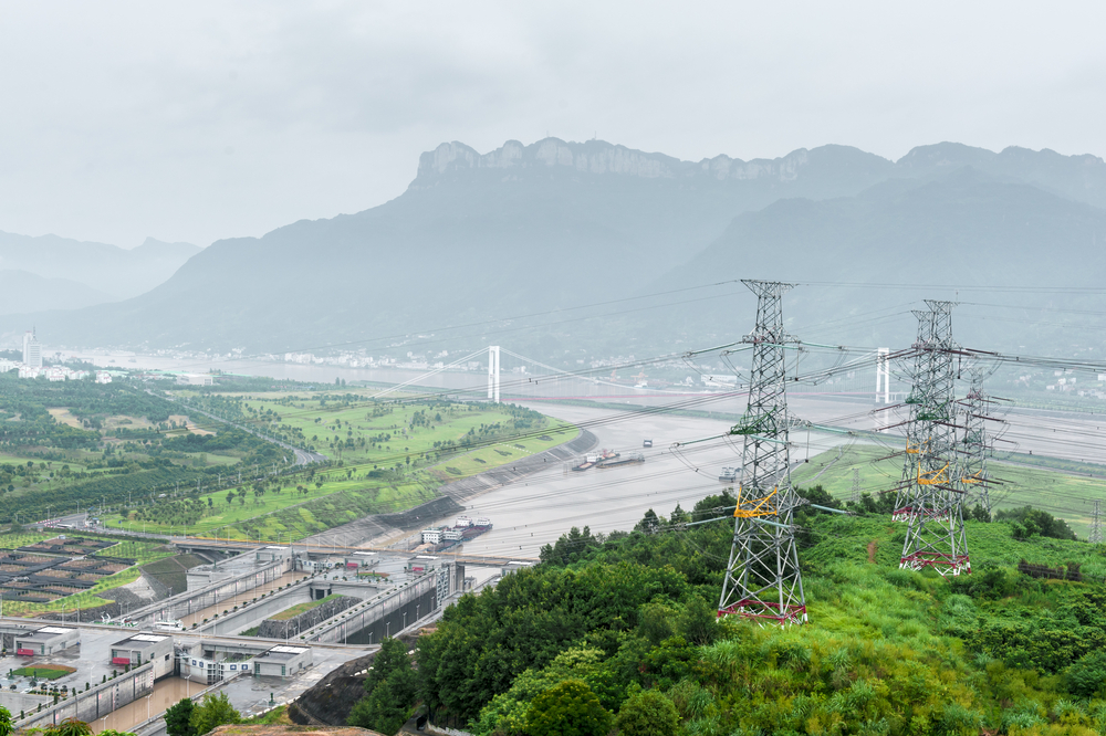 View of the Three Gorges Dam on the Yangtze River in China in misty ambiance