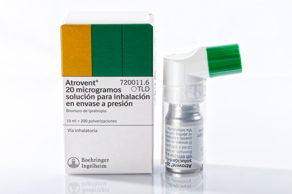 An Atrovent box of the brand Boehringer Ingelheim isolated on white. Photo taken in Madrid, Spain, on March 8, 2019.