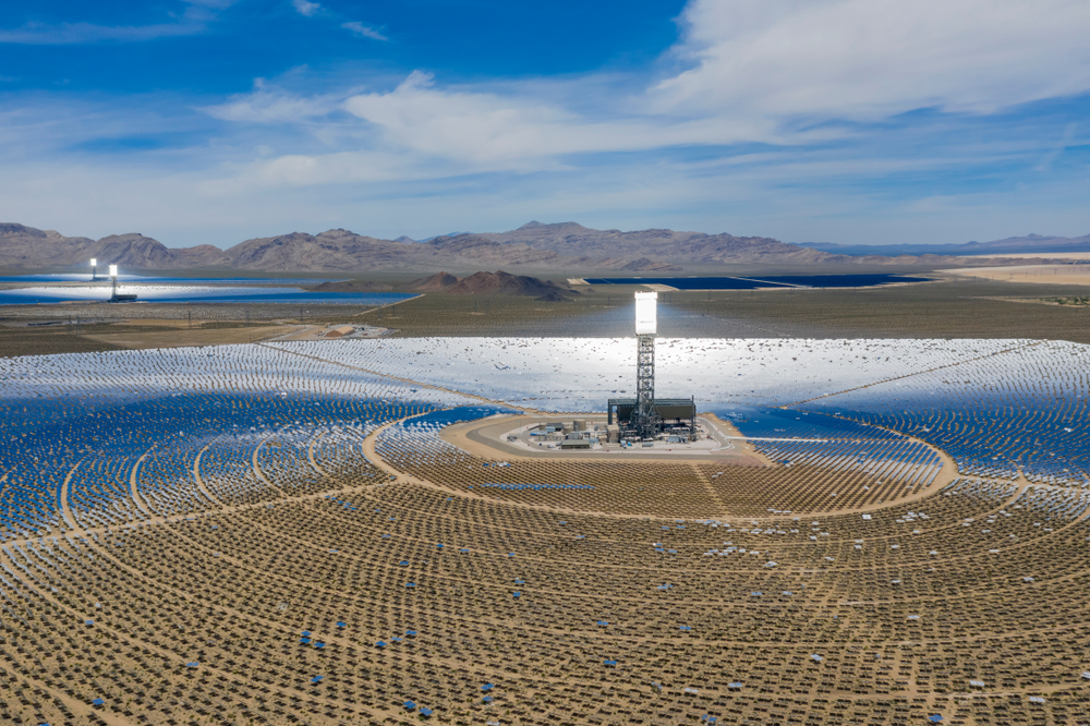 Aerial view of the solar tower of the Ivanpah Solar Electric Generating System at California