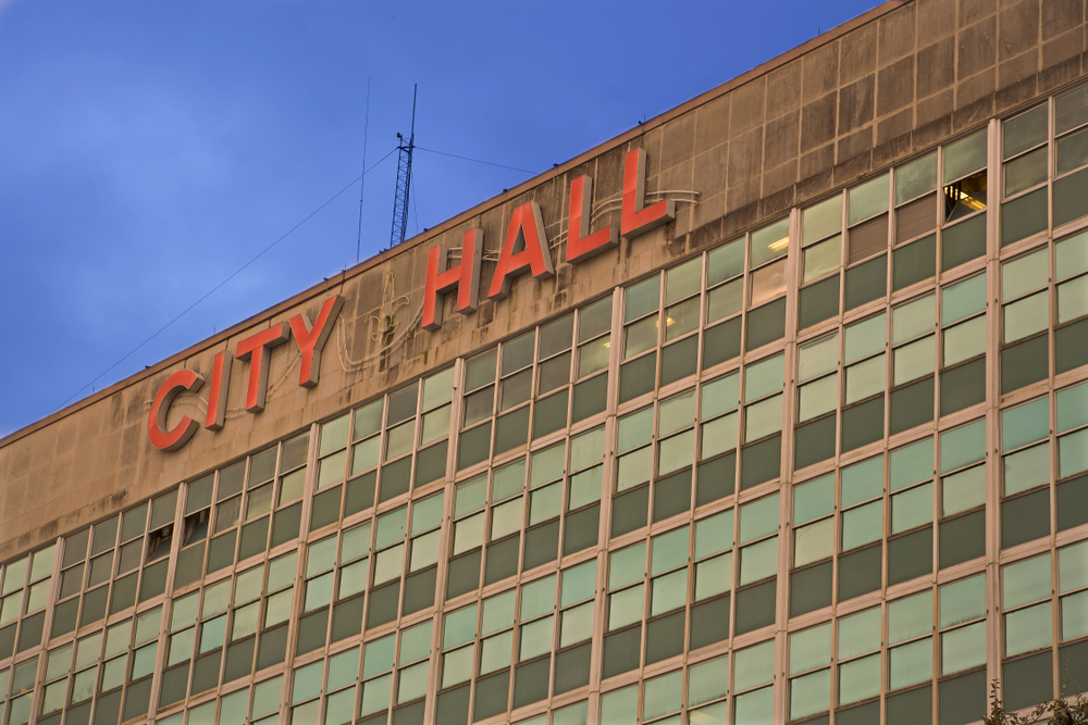 New Orleans - December 23, 2019: New Orleans City Hall upper floors day exterior and sign